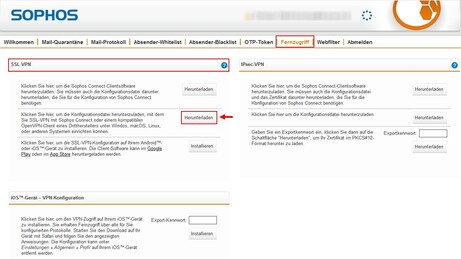 Bild 3: VPN-Portal - Fernzugriff - SSL-VPN - Konfigurationsdatei herunterladen Bild 3: VPN-Portal - Fernzugriff - SSL-VPN - Konfigurationsdatei herunterladen