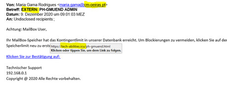 Bild 2: Phishing-Mails enthalten in der Regel undurchsichtige Links Bild 2: Phishing-Mails enthalten in der Regel undurchsichtige Links