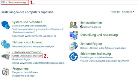 Bild 1: Systemsteuerung - Hardware und Sound - Geräte und Drucker anzeigen Bild 1: Systemsteuerung - Hardware und Sound - Geräte und Drucker anzeigen