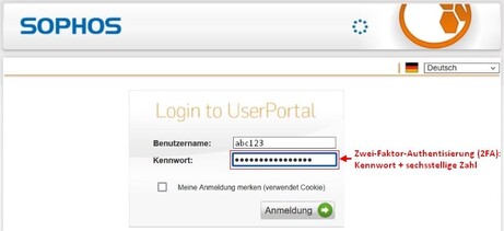 Bild 2: Anmeldung am VPN-Portal mit Benutzername und Zwei-Faktor-Authentisierung (2FA) Bild 2: Anmeldung am VPN-Portal mit Benutzername und Zwei-Faktor-Authentisierung (2FA)