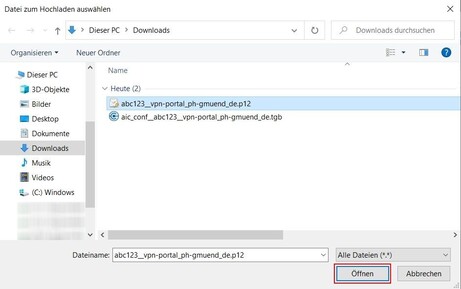 Bild 9: Clientprogramm Sophos Connect - Zertifikatsdatei importieren Bild 9: Clientprogramm Sophos Connect - Zertifikatsdatei importieren