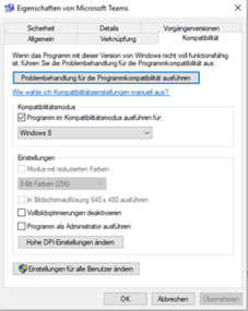Microsoft Teams - Kompatibilitätsmodus für Windows 8