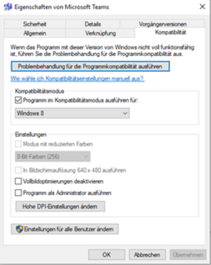 Microsoft Teams - Kompatibilitätsmodus für Windows 8 Microsoft Teams - Kompatibilitätsmodus für Windows 8