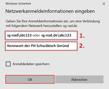 Bild 6: Windows-Sicherheit - Netzwerkanmeldeinformationen eingeben
