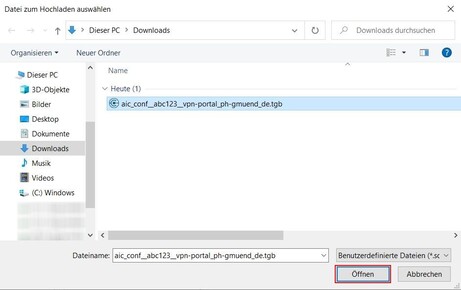 Bild 7: Clientprogramm Sophos Connect - Konfigurationsdatei importieren Bild 7: Clientprogramm Sophos Connect - Konfigurationsdatei importieren