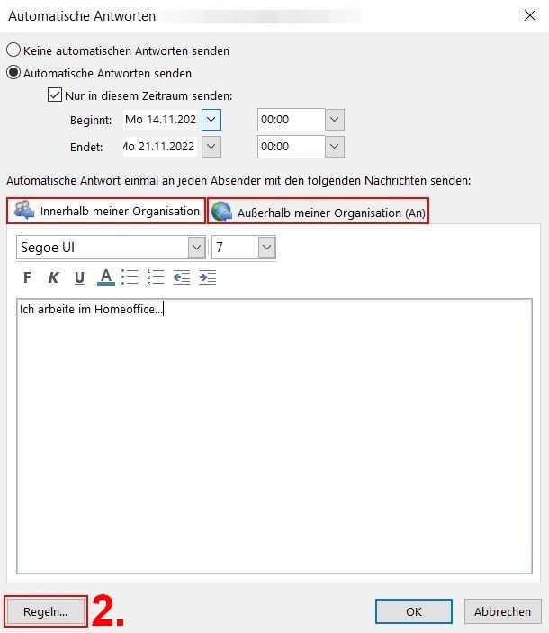 Outlook 2013 und höher Automatische Antworten/Abwesenheitsnotizen für ExchangeMailbox einrichten